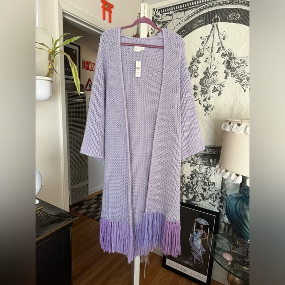 By Antropologie Multicolour Fringe Duster Kimono Cardigan One Size NWT Lavender - Picture 2 of 5